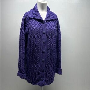 Aran Crafts Cardigan Sweater 100% Merino Wool Knit Button Down Purple Medium